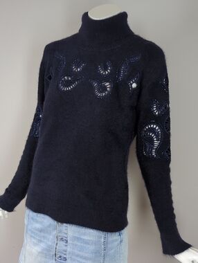 Fuzzy Dark Navy Embellished Navy Turtleneck Sweater Rhinestone Cutouts Small